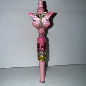 Handmade Beaded Pen-Pink Butterfly with resin beads and rhinestone base